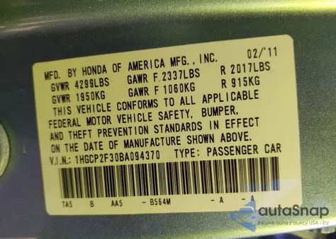 2011 Honda Accord 2.4 Lx from USA, damaged, VIN 1HGCP2F30BA094370